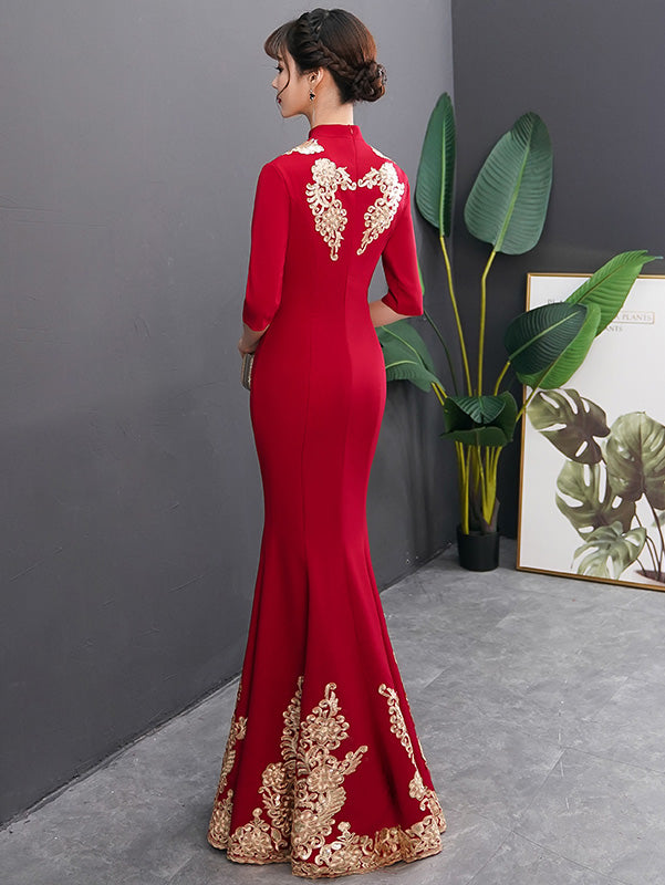 Gold Appliques Mermaid Fishtail Wedding Qipao Cheongsam Dress