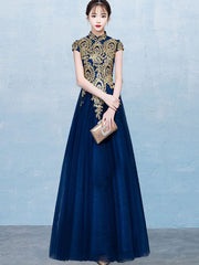 Gold Floor Length Tulle Qipao Cheongsam Evening Dress