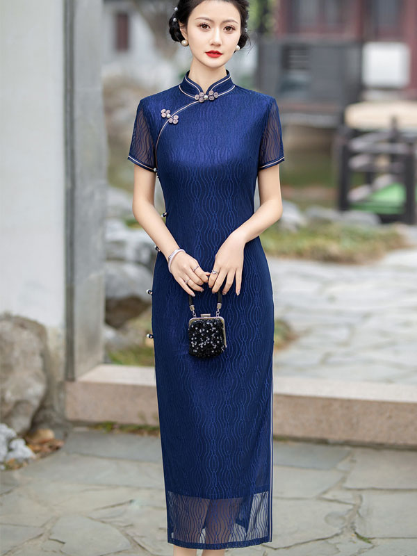 Navy Blue Black Lace Modern Qipao / Cheongsam Prom Dress - IMALLURE S / Blue Navy Blue Black Lace Modern Qipao / Cheongsam Prom Dress - IMALLURE S / Blue