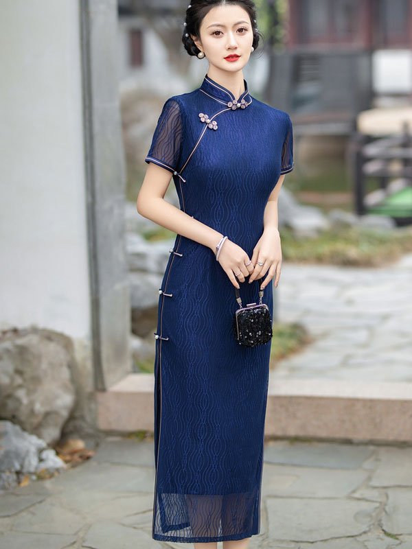  Blue Lace Mothers Maxi Qipao Cheongsam Prom Dress