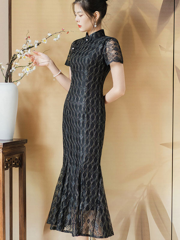 Black Plaid Lace Midi Fishtail Qipao Cheongsam Dress