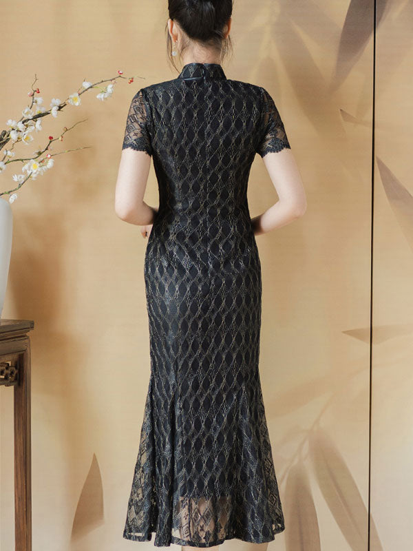 Black Plaid Lace Midi Fishtail Qipao Cheongsam Dress
