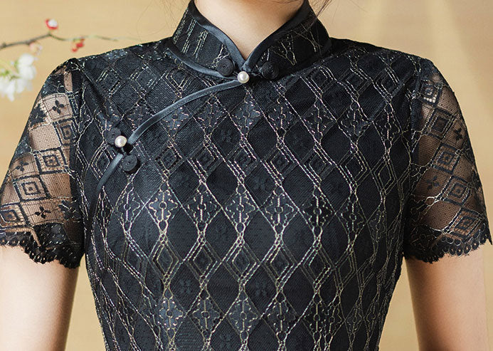 Black Plaid Lace Midi Fishtail Qipao Cheongsam Dress