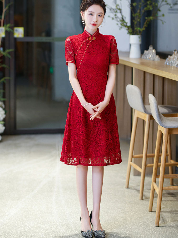 Red Floral Lace Wedding Qipao Cheongsam Dress