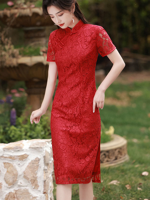 Red Floral Lace Wedding Qipao Cheongsam Dress