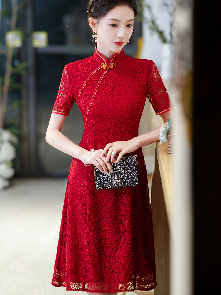 Red Floral Lace Wedding Qipao Cheongsam Dress