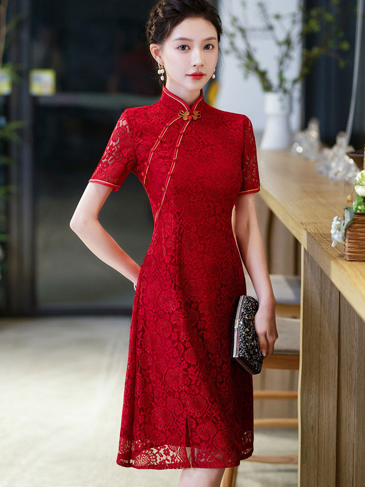 Red Floral Lace Wedding Qipao Cheongsam Dress