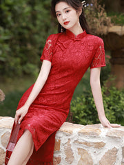 Red Floral Lace Wedding Qipao Cheongsam Dress