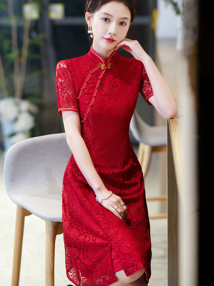 Red Floral Lace Wedding Qipao Cheongsam Dress