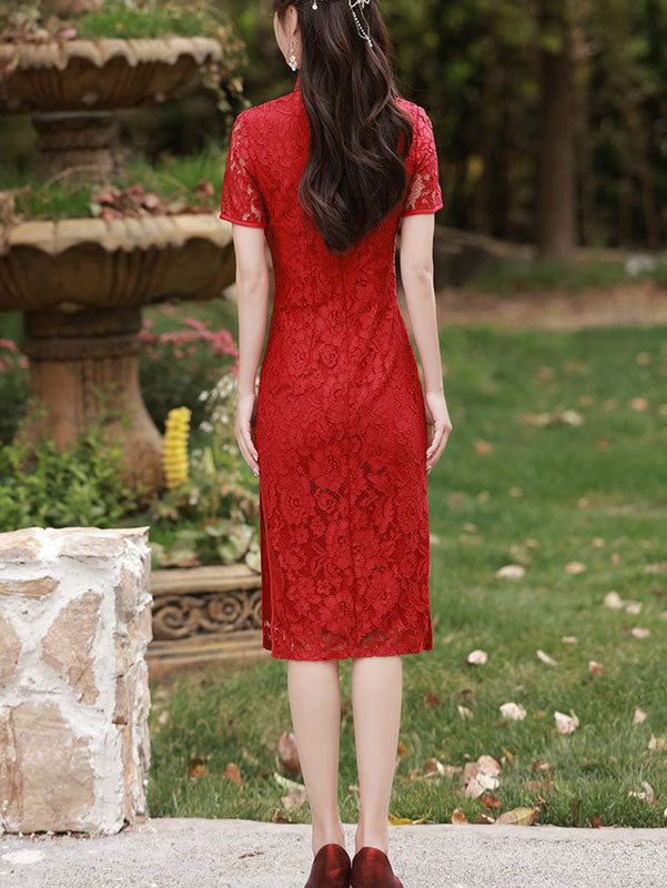 Red Floral Lace Wedding Qipao Cheongsam Dress