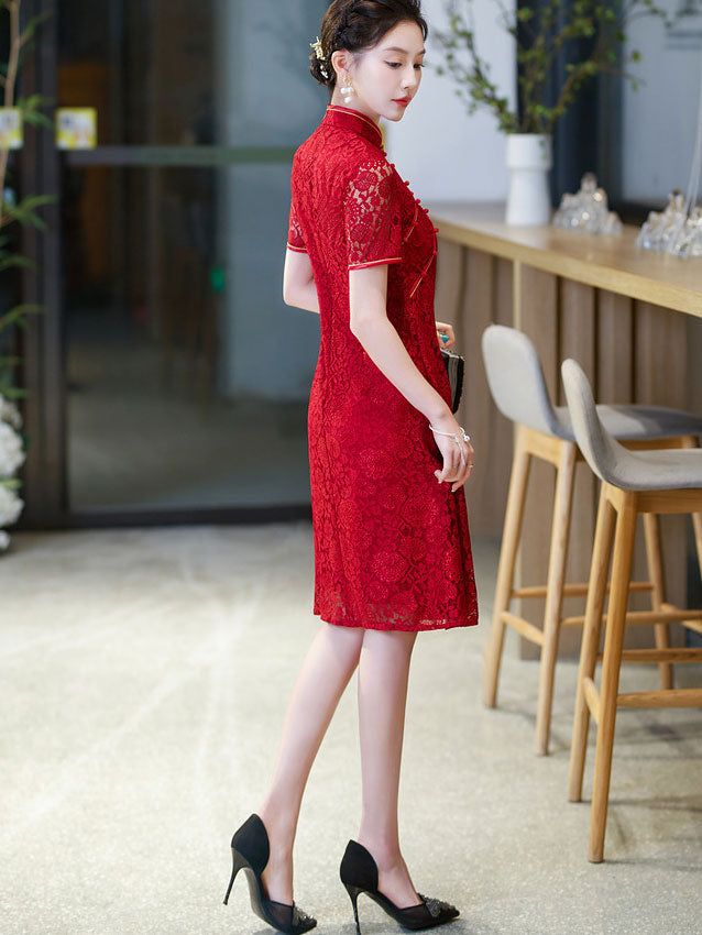 Red Floral Lace Wedding Qipao Cheongsam Dress