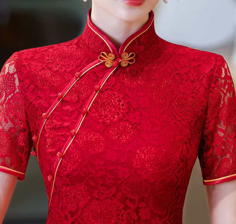 Red Floral Lace Wedding Qipao Cheongsam Dress