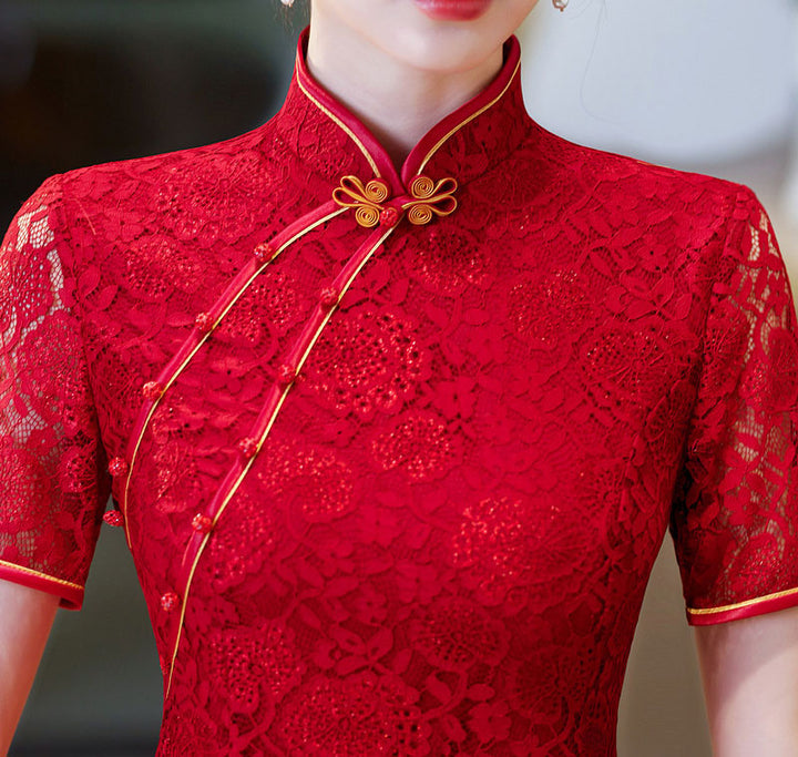 Red Floral Lace Wedding Qipao Cheongsam Dress
