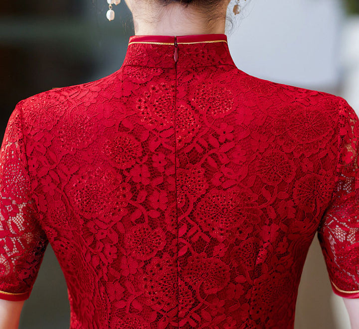 Red Floral Lace Wedding Qipao Cheongsam Dress