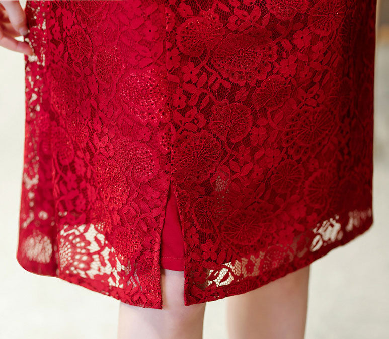 Red Floral Lace Wedding Qipao Cheongsam Dress