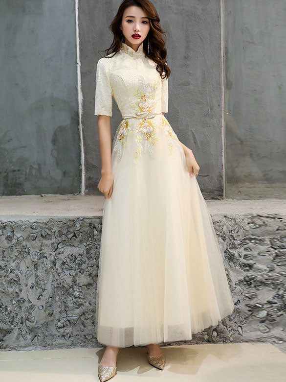 Bridesmaid Embroidered Belt Tulle Qipao / Cheongsam Evening Dress