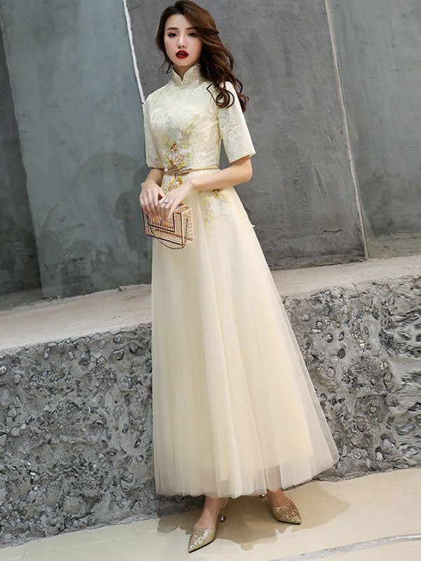 Bridesmaid Embroidered Belt Tulle Qipao / Cheongsam Evening Dress