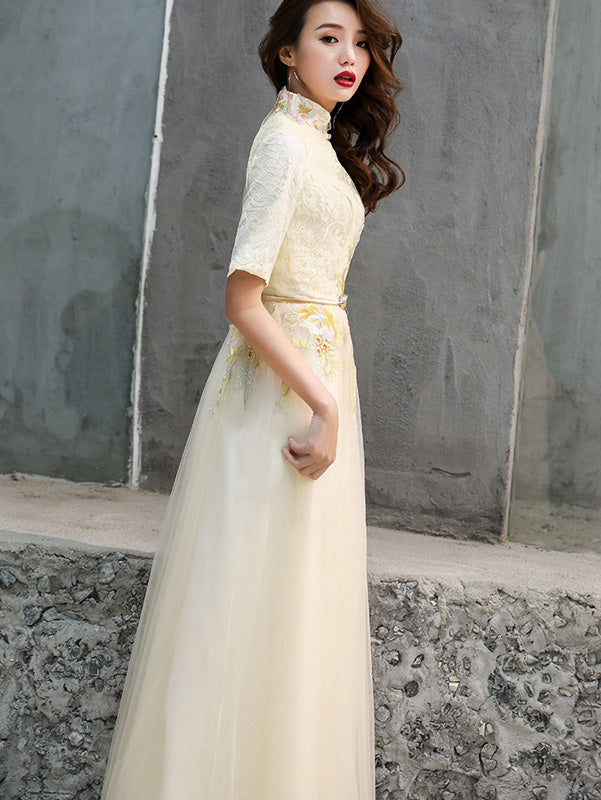 Bridesmaid Embroidered Belt Tulle Qipao / Cheongsam Evening Dress