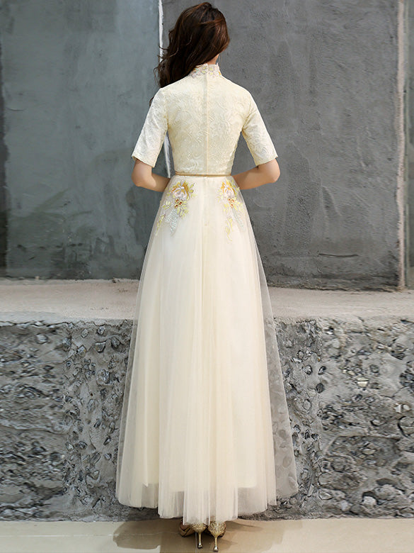 Bridesmaid Embroidered Belt Tulle Qipao / Cheongsam Evening Dress