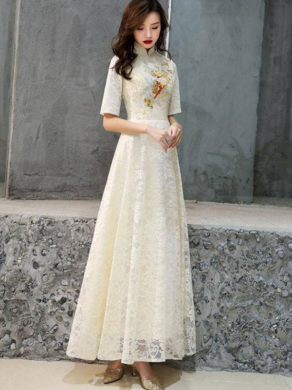 Champagne Embroidered Belt Tulle Qipao Cheongsam Prom Dress - IMALLURE XXL Champagne Embroidered Belt Tulle Qipao Cheongsam Prom Dress - IMALLURE XXL