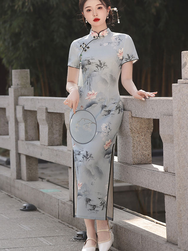 2023 Lotus Print  Maxi Qipao Cheongsam Dress