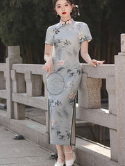 2023 Lotus Print  Maxi Qipao Cheongsam Dress