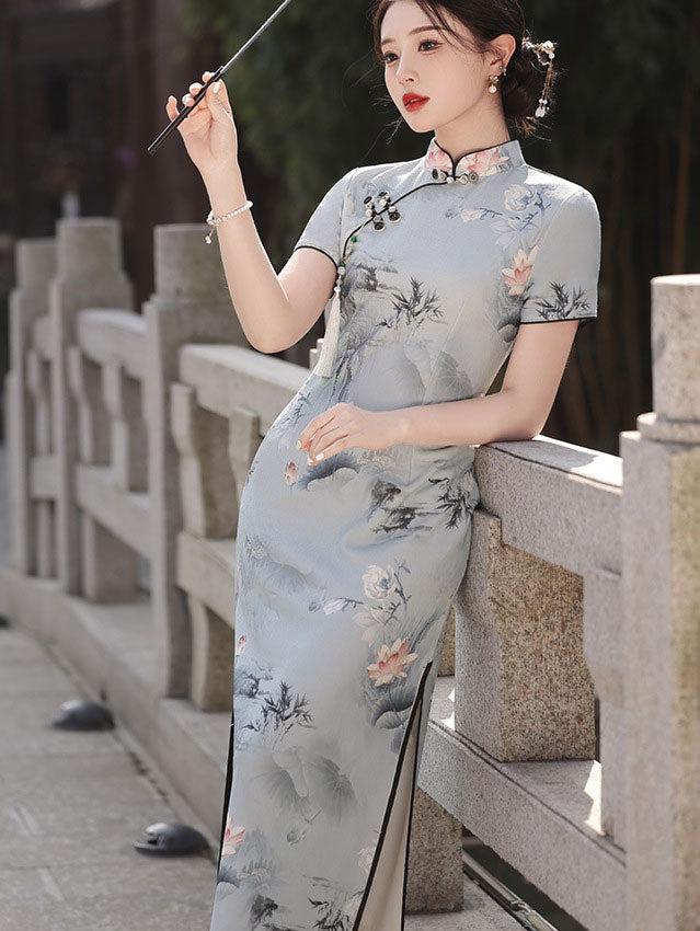 2024 Lotus Print  Maxi Qipao Cheongsam Dress
