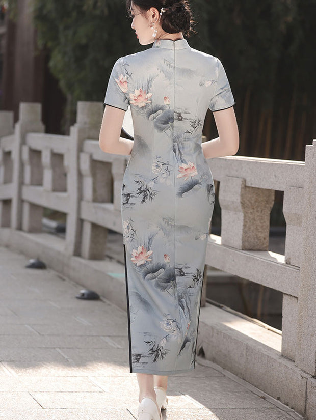 2024 Lotus Print  Maxi Qipao Cheongsam Dress