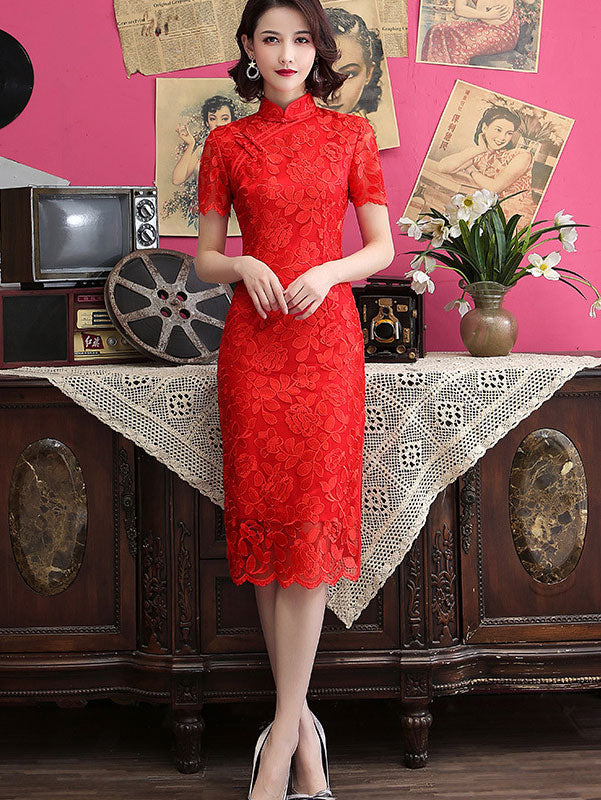 Red Lace Modern Qipao / Cheongsam Party Dress