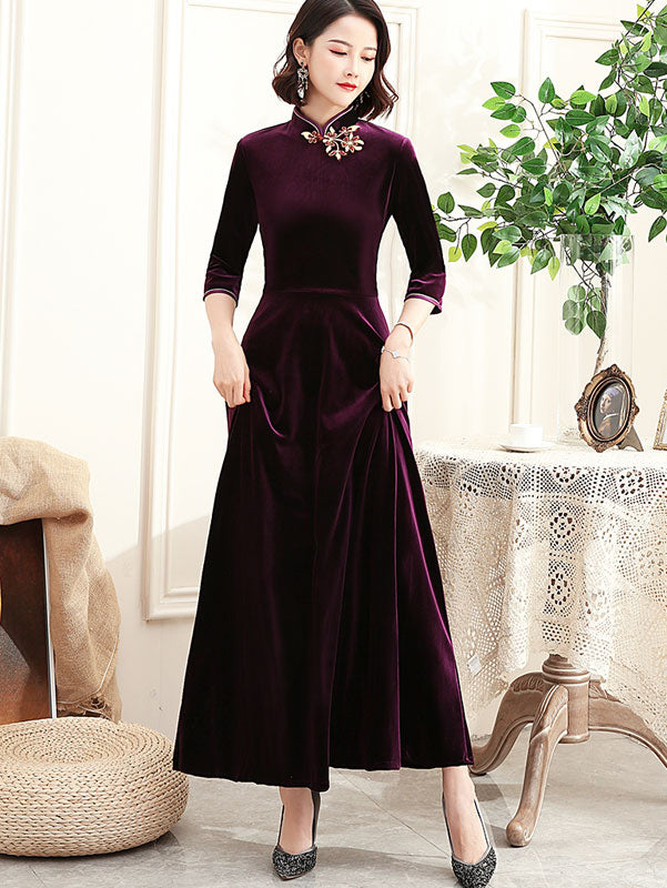 Purple Velvet Maxi A-Line Qipao Cheongsam Dress Clearance