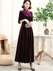 Purple Velvet Maxi A-Line Qipao Cheongsam Dress Clearance