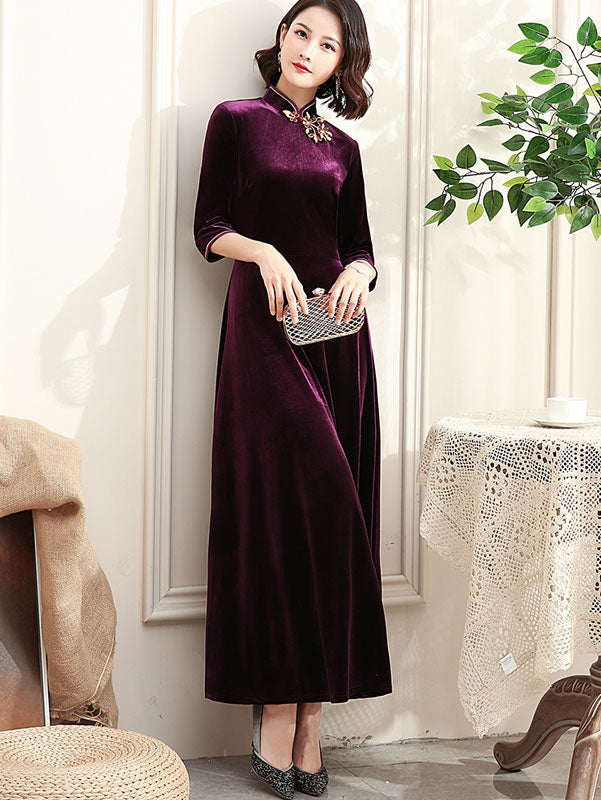 Purple Velvet Maxi A-Line Qipao Cheongsam Dress Clearance