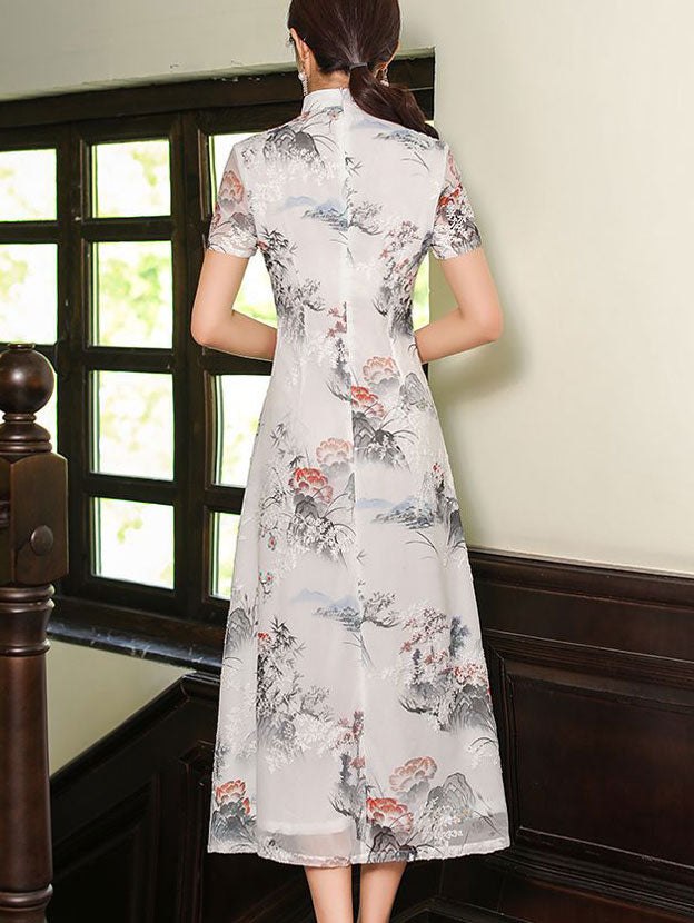 Floral Print Midi A-Line Casual Cheongsam Qipao Dress