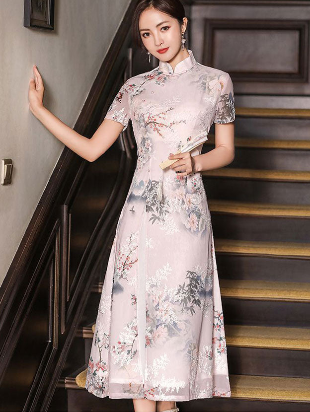 Floral Print Midi A-Line Casual Cheongsam Qipao Dress