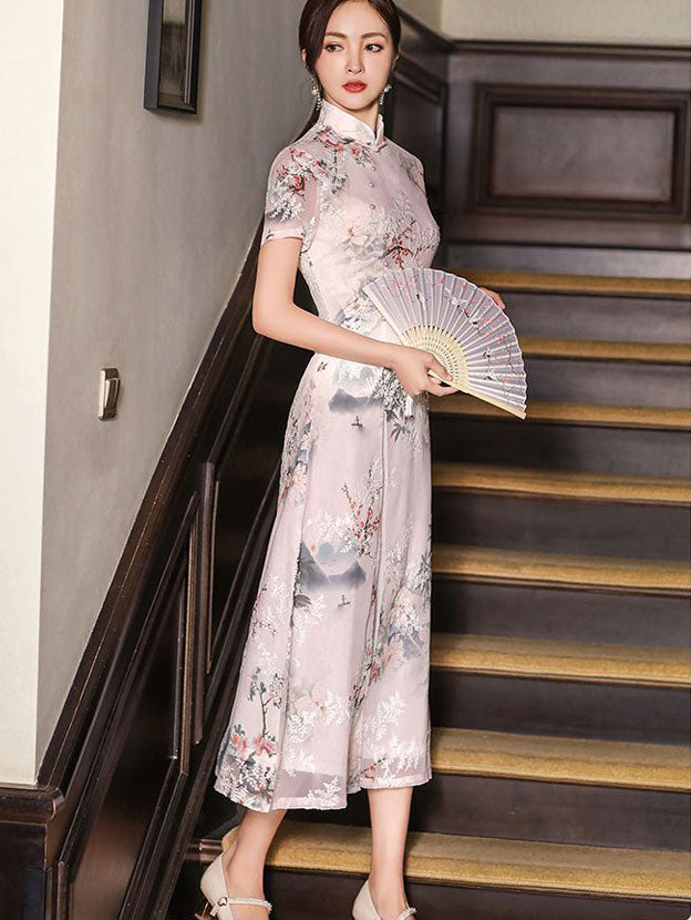 Floral Print Midi A-Line Casual Cheongsam Qipao Dress