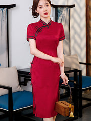 Black Red Jacquard Midi Cheongsam Qipao Party Dress