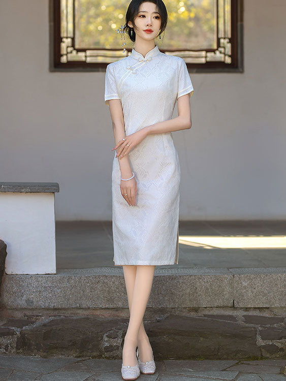 White Lace Midi Modern Cheongsam / Qipao Party Dress - IMALLURE – imallure