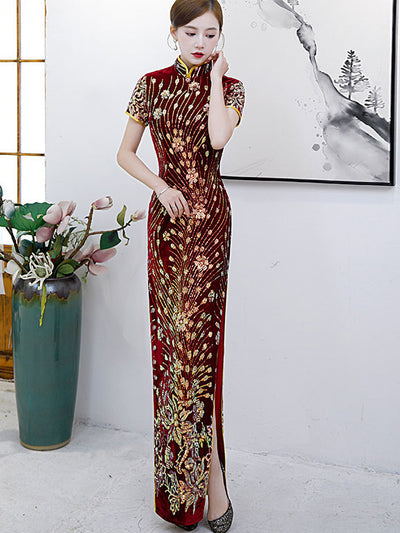 Red Sequined Velvet Mothers Maxi Cheongsam Qipao Dress
