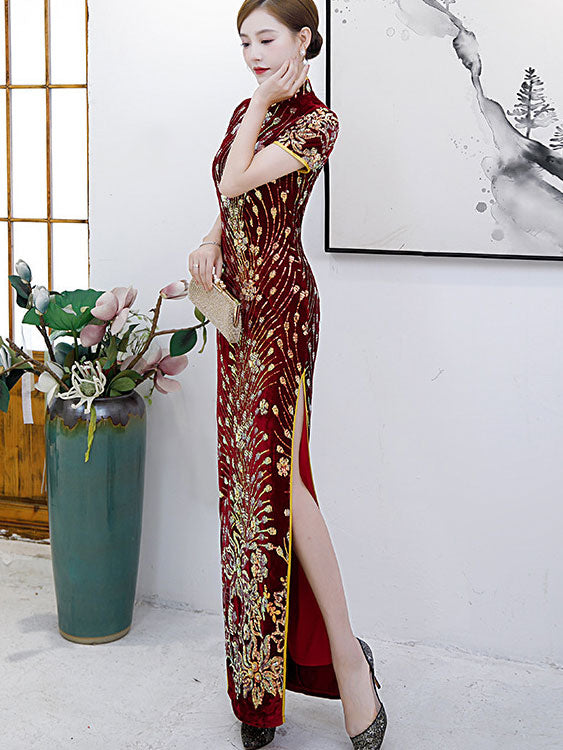 Red Sequined Velvet Mothers Maxi Cheongsam Qipao Dress