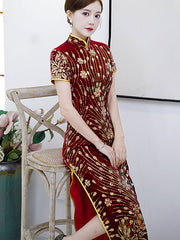 Red Sequined Velvet Mothers Maxi Cheongsam Qipao Dress