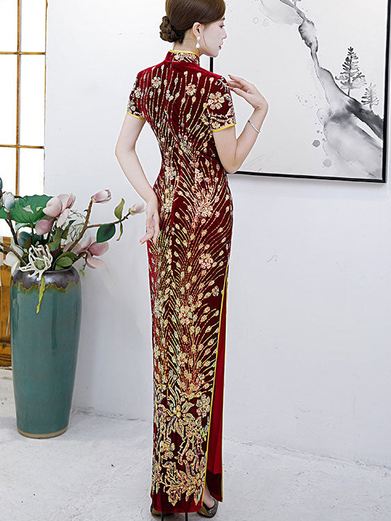 Red Sequined Velvet Mothers Maxi Cheongsam Qipao Dress