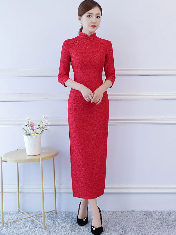 Red Lace Ankle-Length Qipao Cheongsam Party Dress
