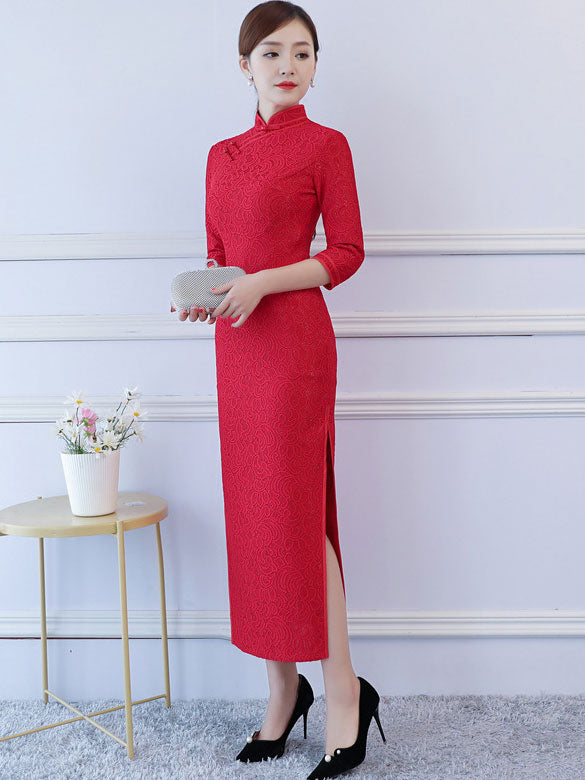 Red Lace Ankle-Length Qipao Cheongsam Party Dress