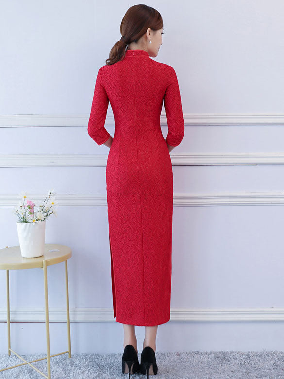 Red Lace Ankle-Length Qipao Cheongsam Party Dress