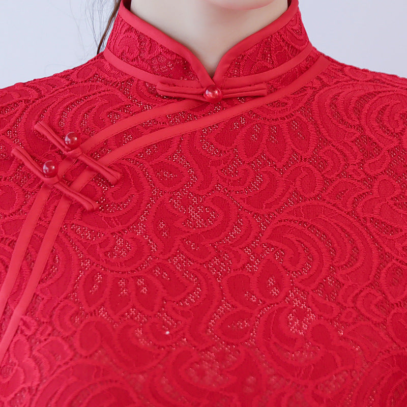 Red Lace Ankle-Length Qipao Cheongsam Party Dress