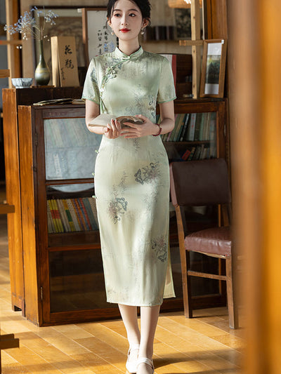 Green Floral Pint Midi Cheongsam Qi Pao Dress