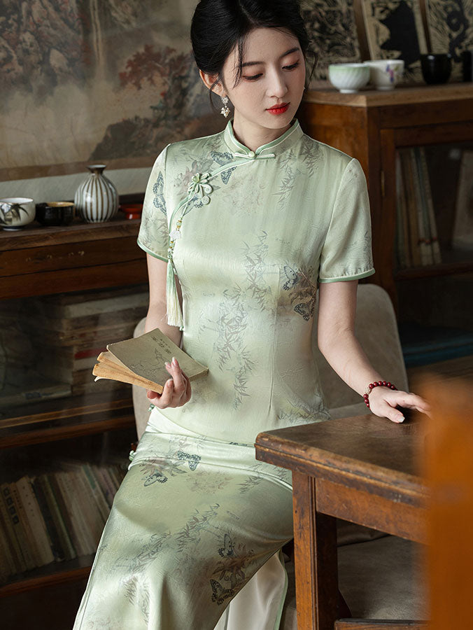 Green Floral Pint Midi Cheongsam Qi Pao Dress
