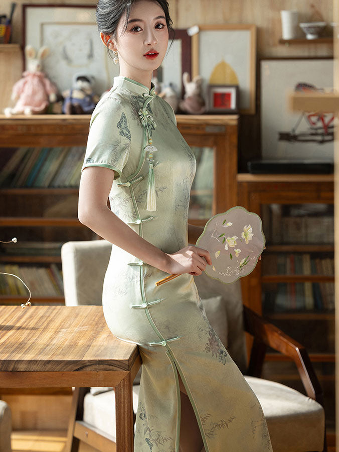 Green Floral Pint Midi Cheongsam Qi Pao Dress