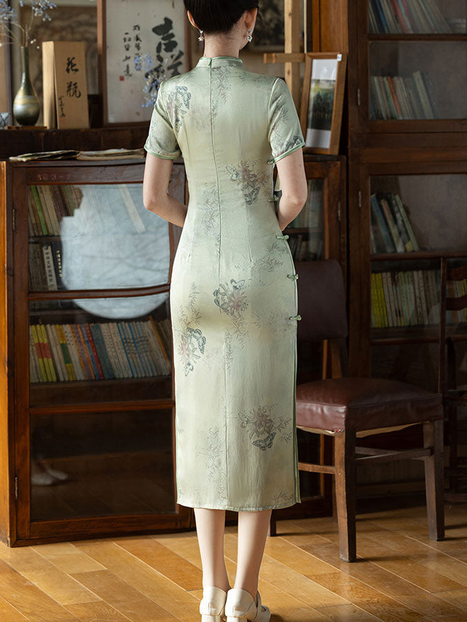 Green Floral Pint Midi Cheongsam Qi Pao Dress