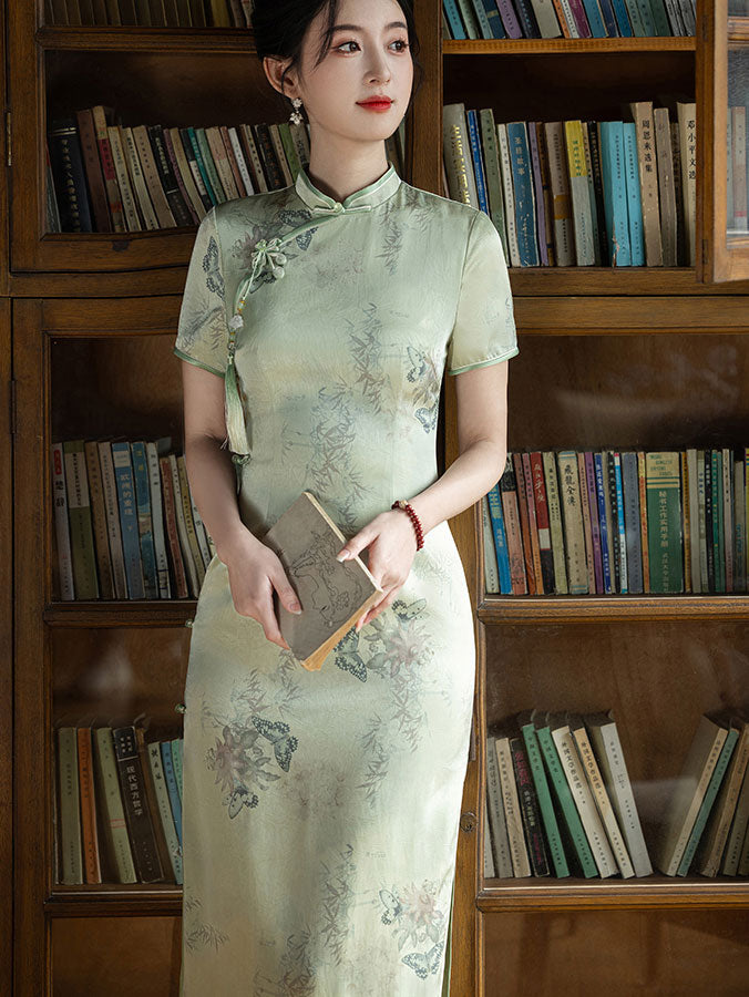 Green Floral Pint Midi Cheongsam Qi Pao Dress